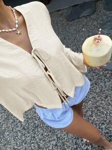 SHEIN EZwear 女士米色梭织休闲长袖衬衫 - 米色 - 查看 1