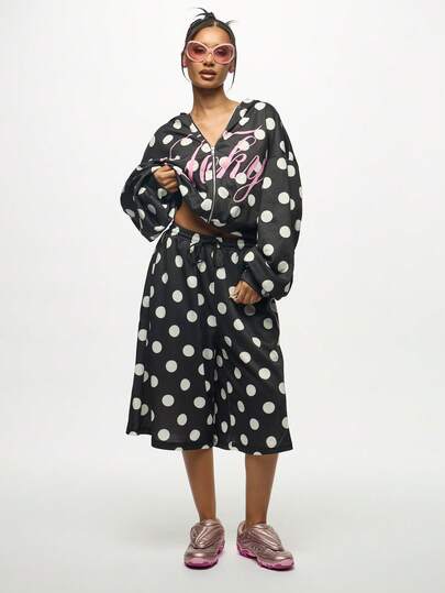 SUMWON WOMEN Polka Dot Print Cropped Hoodie Women Oversized Casual Sweatshirt Winter Autumn Streetwear Fashion