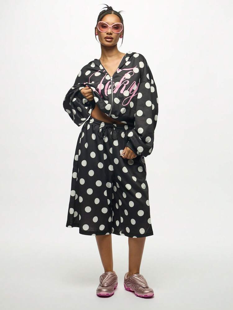 SUMWON WOMEN Polka Dot Cropped Hoodie With Balloon Sleeves And Drawstring