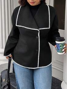 Calvaya Plus Size Autumn/Winter Fashion Color Block Trim Overcoat Fall Cloth For Women - Black - View 4