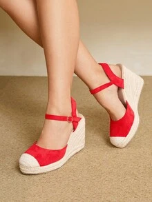 Styleloop 女式帆布厚底凉鞋，踝带设计，厚底，轻便，适合派对、婚礼、日常穿着、度假、波西米亚风格、秋季 - 紅色 - 查看 4