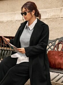 Easura 大码女式复古优雅翻领羊毛混纺长款大衣，适合通勤，秋冬季