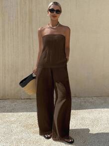 DAZY 女士宽松休闲度假两件套，夏季 - 棕色 - 查看 3