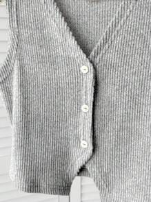 SHEIN 浅灰色短款女童针织背心，V领，罗纹针织上衣，少女毛衣上衣，少女上衣，灰色上衣 - 淺灰色 - 查看 5