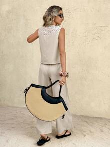 SHEIN Frenchy Damen Kontrast Spitze Einreiher Weste und Hose Lässig 2 Stücke Set