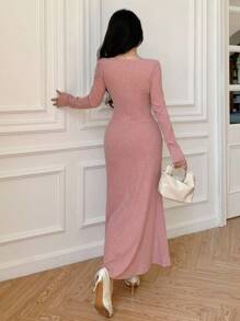 Modelyn Elegant Solid Color Butterfly Decor Fishtail Dress Fall Cloth For Women - Dusty Pink - View 6