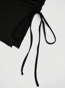 Sweetra CURVE Plus Size Sexy Spaghetti Strap Asymmetric Hem Drawstring Casual Midi Skirt - Black - View 5