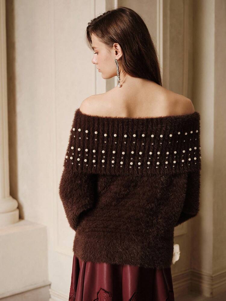 1pc Elegant Off-Shoulder Faux Fur Sweater Jacket