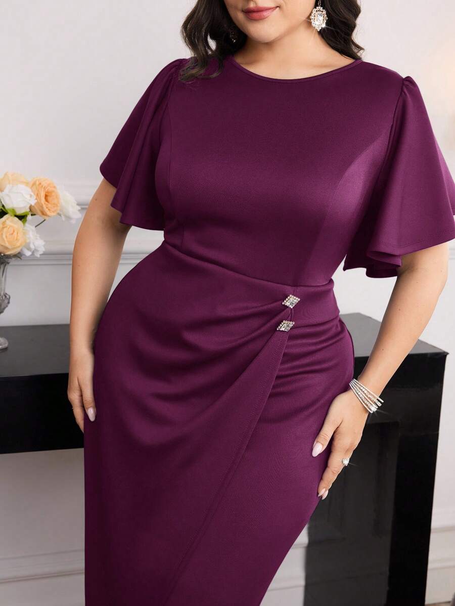 Modelyn Plus Size Women's Solid Color Round Neck Ruffle Short Sleeve Pleated Elegant Dress - Purple - View 1