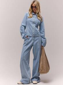 MUSERA 水洗漂白牛仔拼接拉链翻领夹克，仅限秋季穿着，复古乡村风，可爱又时髦，适合返校季、办公室、冬季等各种场合。 - 淺藍色 - 查看 4