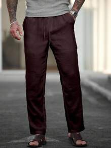 Manfinity Homme Men's Solid Color Waist Tie Pocket Straight Leg Casual Pants, Fall - Coffee Brown - View 3