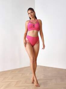 Menodora SHEIN Sport 女士条纹圆环连体吊带背心和内衣休闲健身运动套装 - 粉色 - 查看 6