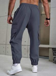 Manfinity Homme Men Plus Size Drawstring Waist Cargo Pocket Casual Pants, Fall - Dark Grey - View 2