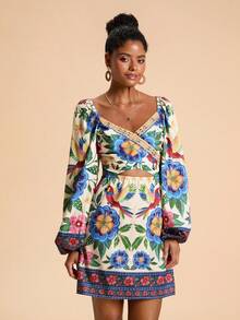 Travachic Vestido corto ajustado de mujer de manga larga con estampado tejido - Multicolor - Ver 6
