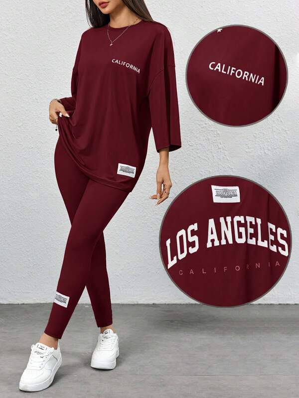 Mulvari 2 pièces Ensemble femme casual t-shirt imprimé lettres et pantalon skinny 2 pièces ensembles casual femme ensemble de détente femme