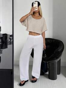 SHEIN EZwear Semi-Sheer Knitted Scoop Neck T-Shirt In Khaki With Asymmetrical Design Striped Crop Top Cropped Knit Top - Khaki - View 3