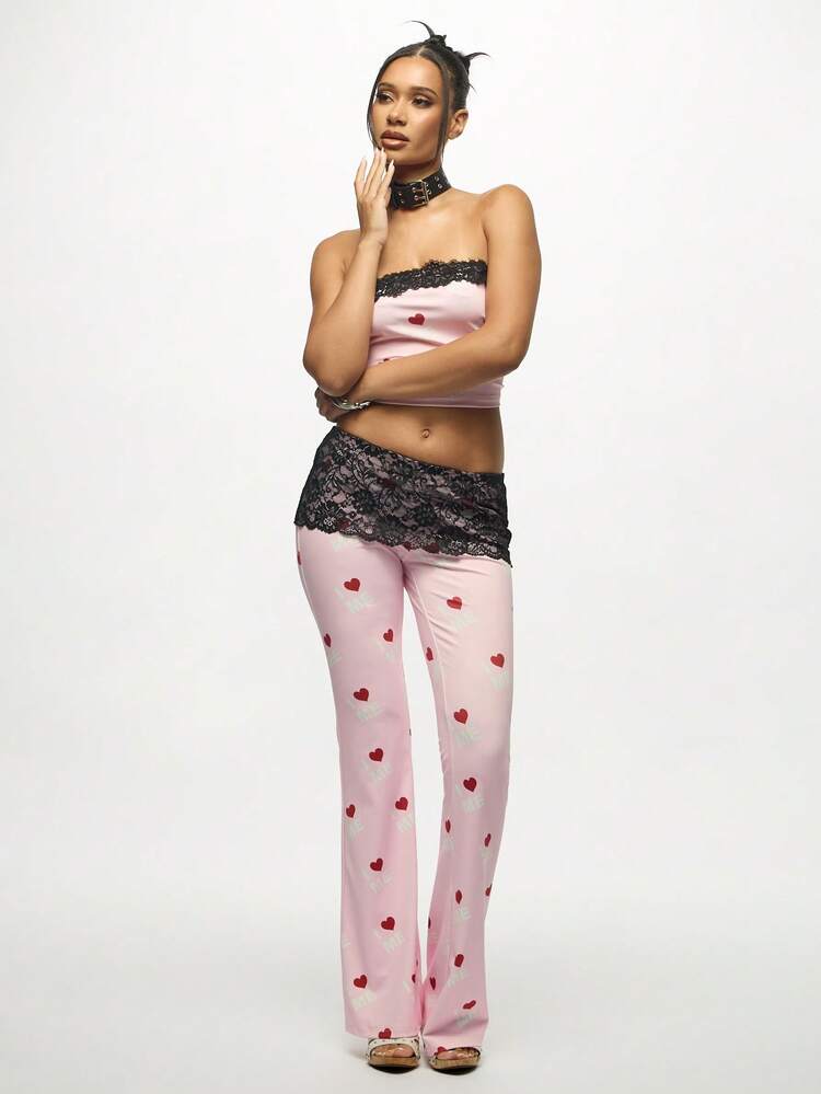 SUMWON WOMEN Hearts Print Wide Leg Pants With Black Lace Trim