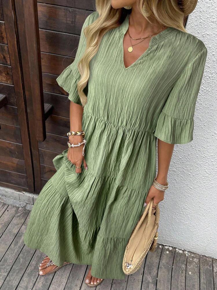 Women's Solid Color Minimalist Casual Mid-Length Dress, Short Sleeve Green Maxi Dress Casual Maxi Dress Short Sleeve Maxi Dress Women Summer Dress Vacation Dress Fall Clothes,Casual Dresses For Women Chic Dress,Casual
