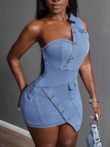 Slaydiva Plus Size Women's Asymmetrical Design Short Denim Dress - Medium Wash - View 5