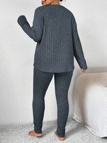 SHEIN Frenchy Plus Size Women's Solid Color Round Neck Drop Shoulder Long Sleeve Ribbed T-Shirt And Pants Casual 2 Pieces Set,Fall Clothes For Women - Dark Grey - View 2