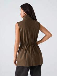 LYSMO 女士秋冬纯色单排扣工装口袋休闲无袖薄款夹克 - 棕色 - 查看 2