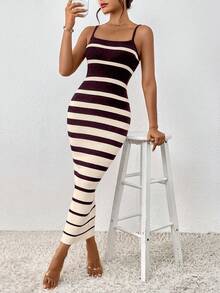 EURMUSE Robe camisole en tricot ajustée et décontractée à rayures pour femmes - Rouge foncé - Voir 6