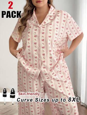 SHEIN CURVE+ 加大码女式条纹印花衬衫和裤子套装，百搭女装，秋季、冬季，CURVE PLUS