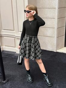 SHEIN 青少年女孩格子印花系带高腰喇叭裙 - 黑色 - 查看 5