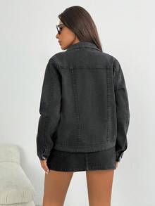 翻盖口袋纽扣前牛仔夹克 - 黑色 - 查看 2