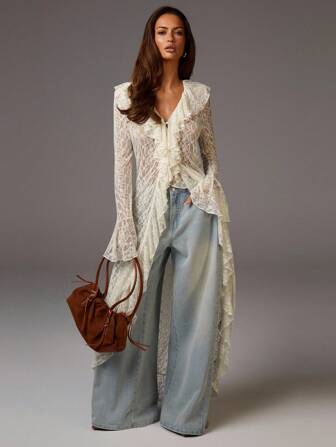 Athîral Women's Elegant Solid Color Lace Ruffle Flare Sleeve Dress Lace Outfit Women Lace Duster Lace Cardigan Anthropologie Clothes Free People