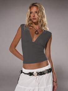 Flirla Women's Deep V-Neck Tight Casual Versatile Top, Spring/Summer - Grey - View 7