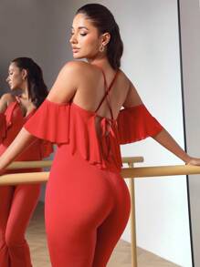 Menodora SHEIN Sport Bộ đồ liền thân khiêu vũ hở vai xếp nếp màu trơn - Đỏ - Xem 2