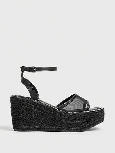 Sugerpunk Women's Fashion Elegant Platform Waterproof Wedge Heel Black Punk Style Vacation Party Black Mesh Hollow Strap Sandals