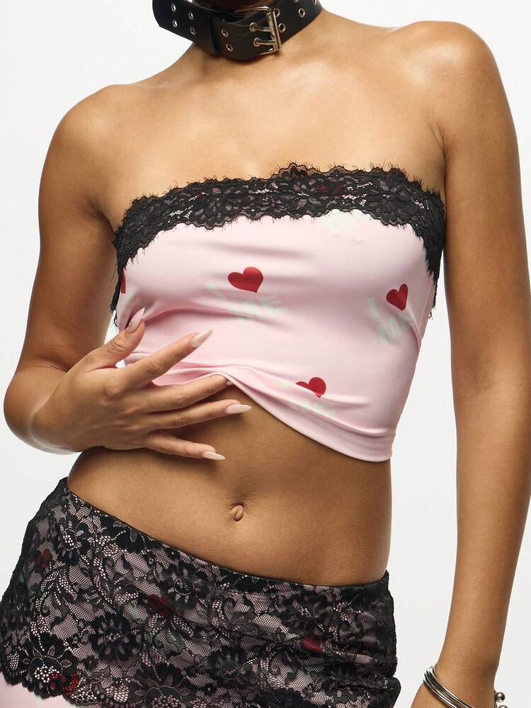 SUMWON WOMEN Lace Trim Hearts Print Bandeau Top With Black Trim