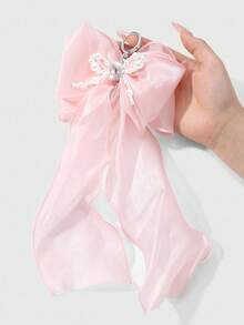 ROMWE Kawaii 1 chiếc móc khóa/túi xách DIY đính ngọc trai giả màu trắng đính hạt thủ công thanh lịch, pha lê & đá giả, nơ đôi lưới màu hồng, phụ kiện thời trang dành cho nữ, thích hợp làm trang phục hàng ngày hoặc làm quà tặng - Hồng - Xem 2