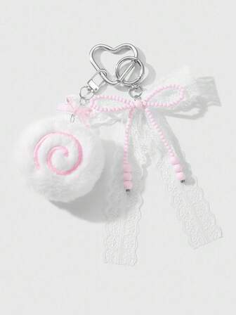 Kawaii 1pc Cute & Simple Handmade Beaded, Lace, Bow, Plush Fish Cake, Heart Shaped Keychain/Bag Charm, Versatile For Women, Suitable As Daily Accessory Or Gift