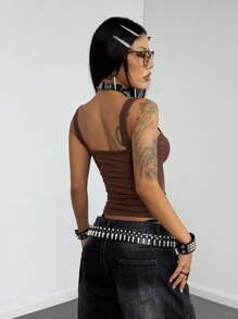 StreetHx 女式摩卡棕色带扣装饰 Y2K 街头风海滩度假吊带背心，春夏 - 摩卡棕 - 查看 2