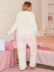 SHEIN Sweet Ins Bow Embroidery Top And Plaid Pattern Pants Cozy Plush Oversized Fluffy Pajama Set, Cute Lounge Wear, Fall Winter Clothes - Multicolor - View 2