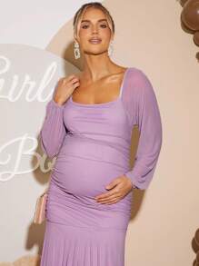 Loomaby Đầm bầu màu trơn cổ vuông tay đèn lồng viền đuôi cá nhún bèo thanh lịch - Màu tím - Xem 5