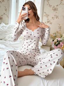 CottageSlumber Cherry Print Half-Buttoned Long Sleeve Top And Pants Pajama Set Holiday Season Bountiful Floral Splendor, Fall Winter Clothes Cozy And Elegant Details - Apricot - View 6