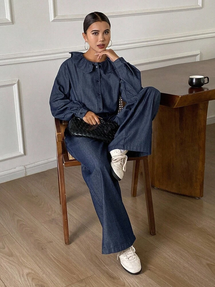 2pcs Women Peter Pan Collar Long Sleeve Denim Cardigan Top And Loose Straight Leg Pants Casual Denim Suit