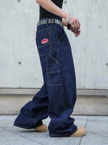 Manfinity EMRG Men's Side Pocket Wide Leg Relaxed Fit Denim Overalls Hang Out Street Sport College - Dark Wash - View 7