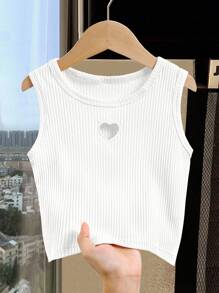 SHEIN Elladie kids 1pc Toddler Girl Hollow Heart Embroidered Ribbed Crop Top Cute Crop Top For Girls Cropped Tanks Heart Cut Out Crop Top - White - View 1