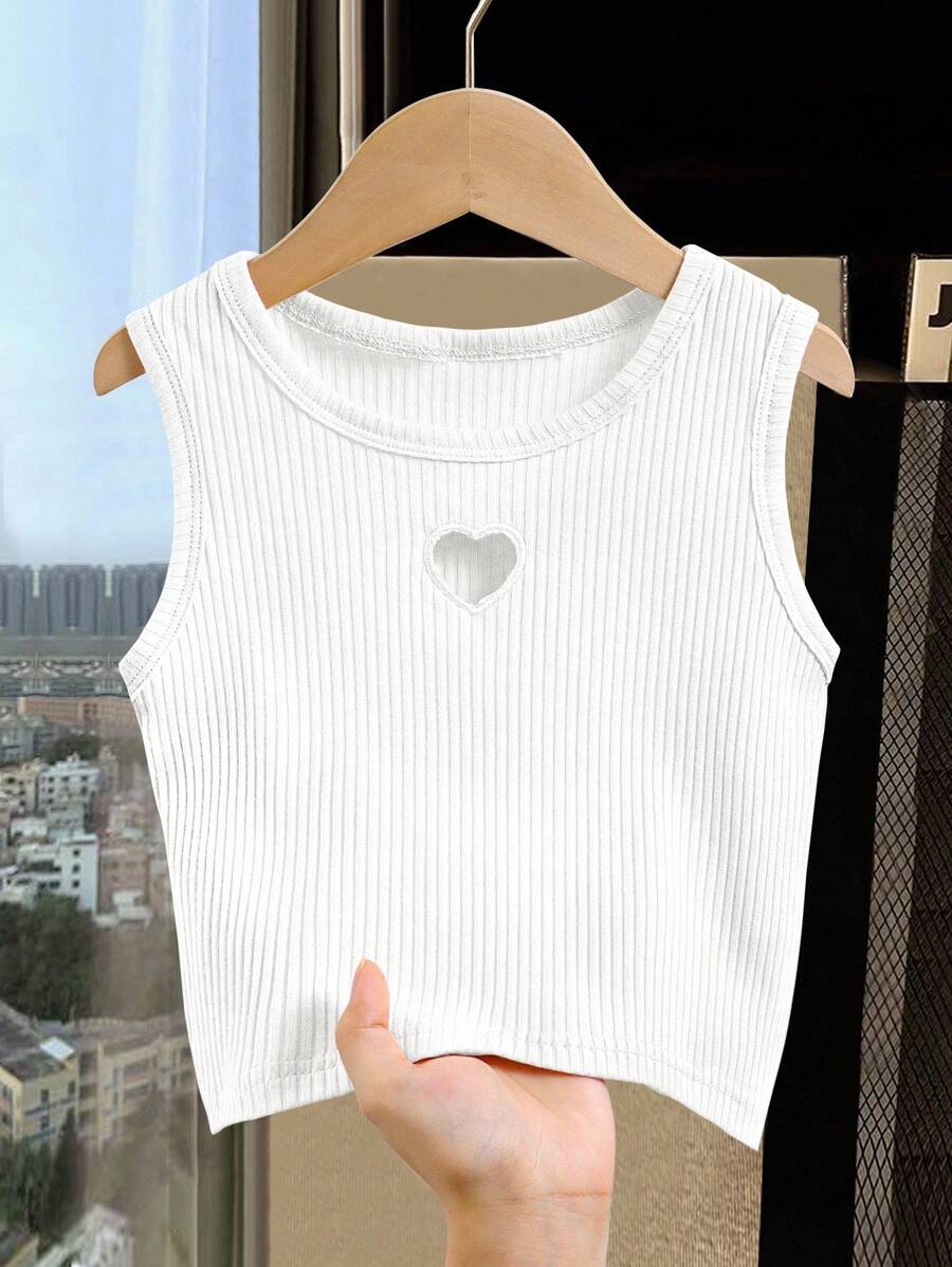 SHEIN Elladie kids 1pc Toddler Girl Hollow Heart Embroidered Ribbed Crop Top Cute Crop Top For Girls Cropped Tanks Heart Cut Out Crop Top - White - View 1