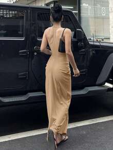 DAZY Women's V-Neck Bodycon Wrap Long Dress - Khaki - View 2