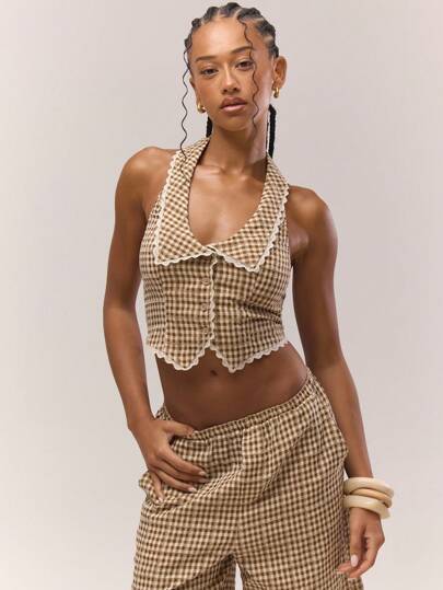 MUSERA Halterneck Frill Collar Detail Button Down Gingham Top Fall Autumn Old Money Cute Country Cottage Core Clean Girl Winter Casual Top For Women Butterscotch Holidays Spring Summer