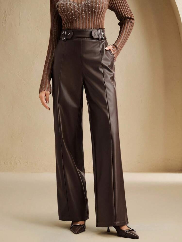 Anewsta Women's Brown Belted Slim Fit Faux Leather Straight Leg Pants, Suitable For Spring To Summer