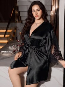 SilkySpell Plus Size Hollow Sexy Lace Backless Jacket, High-End Satin Comfortable Extremely Alluring Women Robe - Black - View 5
