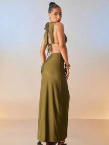 Hauture 女士性感短款上衣和高开衩中长裙套装 - 軍綠色 - 查看 2