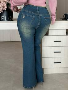 Dazy Plus Water-Washed Distressed Elastic Slim Flare Jeans, Streetwear Style, Plus Size For Women, All Season - Medium Wash - View 2